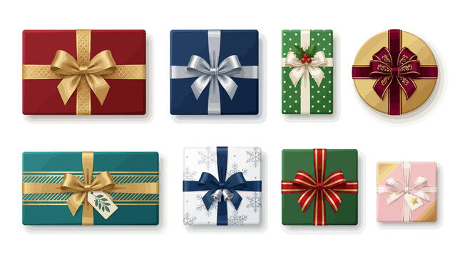 Top view set of decorative christmas gift boxes with gold ribbons