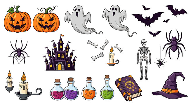 Halloween Spooky Elements Collection with Jack O Lantern Pumpkins Ghosts Skeletons and Magic Potions Vector Illustrations