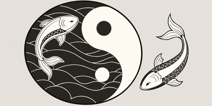 Yin Yang Koi Fish Vector Illustration with Minimalist Oriental Zen Line Art Concept. Download this vector now to support your design work. The dynamic file can be changed to any size.