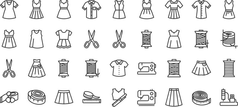 Tailoring and fashion clothing icon set