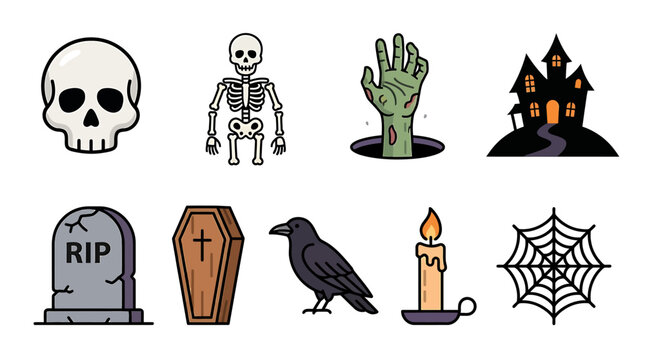 Collection of Spooky Halloween Icons with Skull, Skeleton, Haunted House and Graveyard Elements for Horror Design