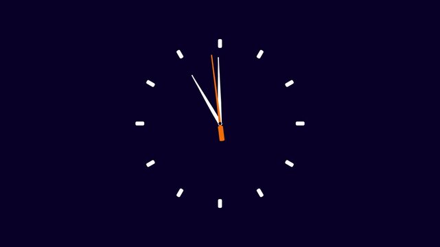 Minimalist simple clock animation with spinning white and orange hands on a dark blue background representing the fast passage of time or a countdown sequence