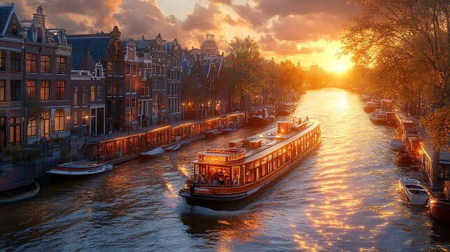 Canal boat tour at sunset scenic european cityscape