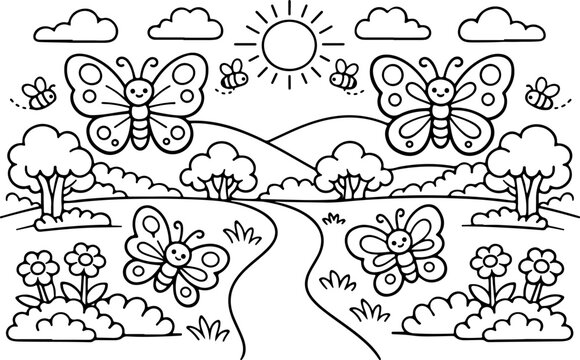 butterflies garden cartoon outline hand drawn Line Art illustration doodle art coloring page for kids