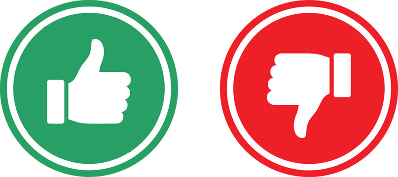 Green thumbs up and red thumbs down icon set for like and dislike feedback signs