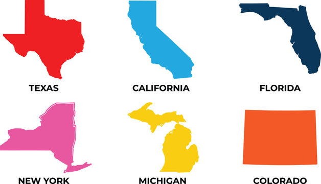Set of colorful united states map shapes including texas california florida new york michigan colorado