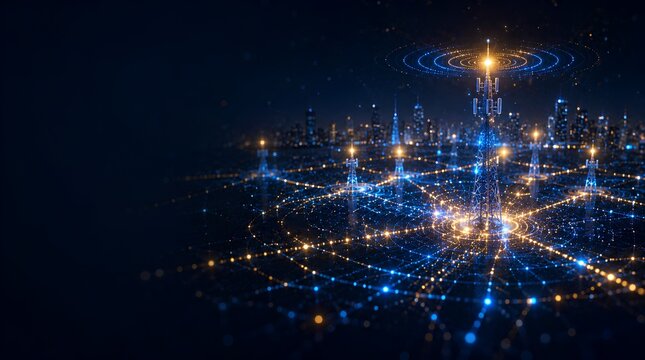 Glowing golden blue 5G network antenna towers with signal waves and connected grid over dark city background, ideal for telecommunications, wireless technology and commercial marketing use.