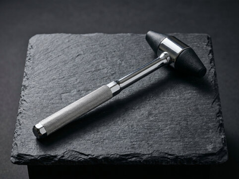 Medical reflex hammer on dark stone surface for neurological examination