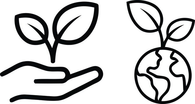 Environmental conservation and sustainability icons featuring growing plant in hands and earth, environment