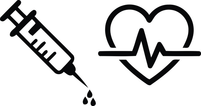 Medical syringe injecting liquid and heart beat rhythm symbol icon with injection hospital clinical treatment
