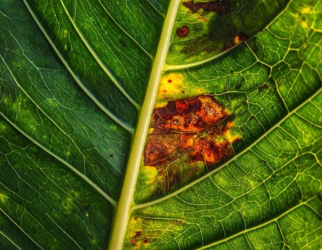 Detailed Green Leaf Showing Brown Disease Spots in Macro Close Up
