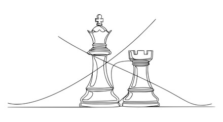 Minimalist continuous line drawing of chess king and rook pieces, strategic planning concept. © Cici