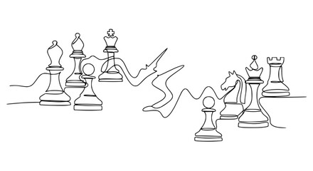 Continuous Line Drawing of Chess Pieces on White Background © Cici