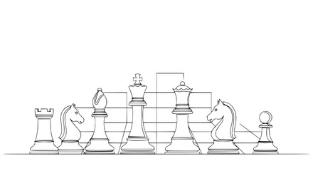 Continuous Line Drawing of Chess Pieces on White Background - Strategy Concept © Cici