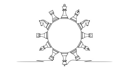 Circular arrangement of chess pieces, strategy concept, black and white line art, empty space for text © Cici