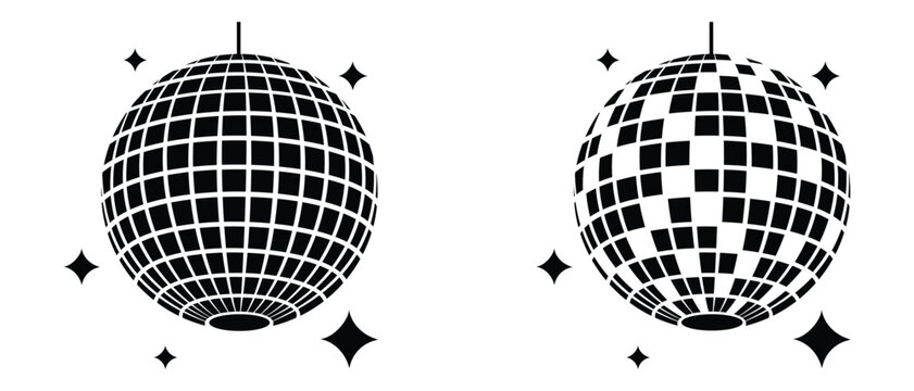 Disco ball or mirror ball icon symbol with star. Disco ball vector icon. Silhouette of Disco ball icon set. Shining mirror sphere for nightclub party. Vector illustration.