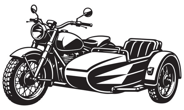 Sidecar motorcycle silhouette, classic motorcycle with sidecar, vector isolated on white