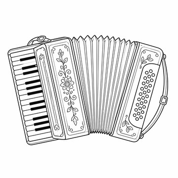 Black and white line art illustration of a piano accordion featuring decorative floral patterns, bellows, keys, and bass buttons, isolated on white for music education and coloring.