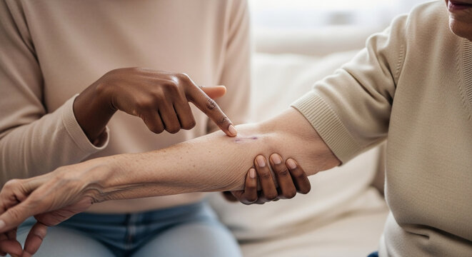 African American caregiver examining a bruise on the elderly patient's arm during a medical checkup, senior home healthcare and skin monitoring
