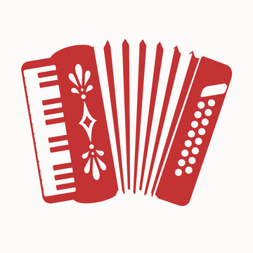 Red accordion vector illustration featuring a piano keyboard on the left, pleated bellows in the center, and bass buttons on the right, decorated with symmetrical white floral patterns.