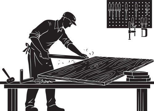 silhouette Man sawing wood, woodworking tools on workbench and pegboard