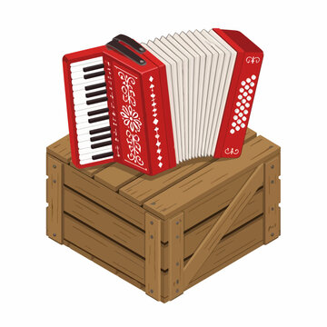 Isometric vector illustration of a red piano accordion with white floral patterns and bellows resting on a weathered brown wooden crate, isolated on a white background.