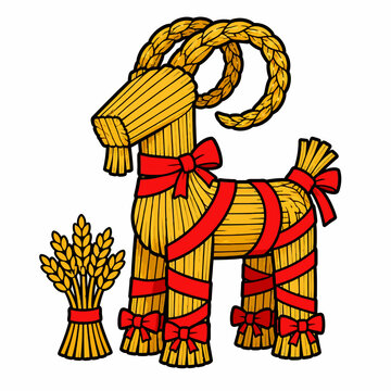 Traditional Scandinavian Yule Goat illustration made of yellow straw with red decorative ribbons and bows, accompanied by a small wheat sheaf bundle, isolated on white background.