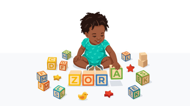 Cute African American Baby Girl Playing with Alphabet Toy Blocks Illustration