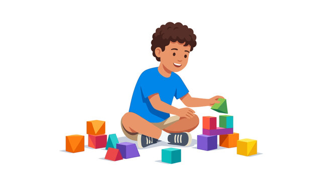 Little boy playing with colorful building blocks illustration of child learning and developing motor skills