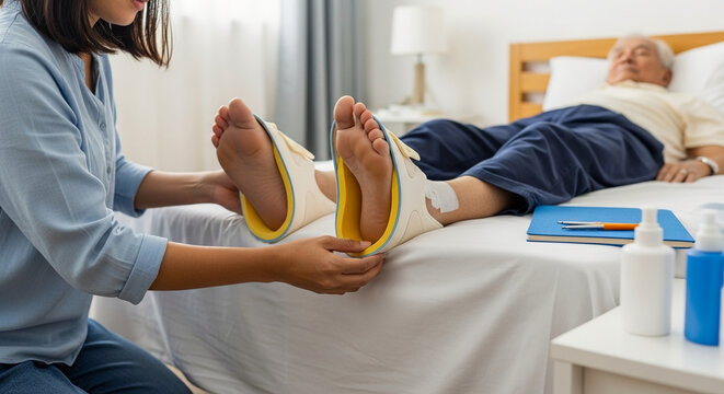 Professional caregiver assisting an elderly patient with orthopedic pressure relief boots for bedridden recovery and physical therapy at home.