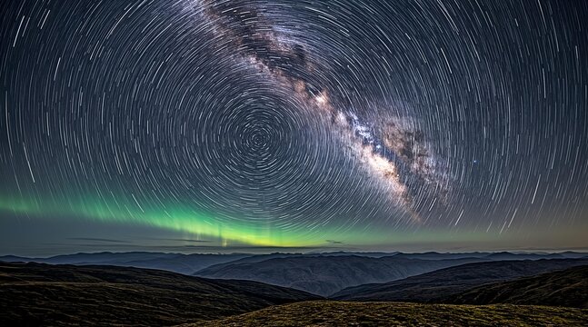 Stunning Star Trails and Milky Way Galaxy Over Northern Lights Landscape