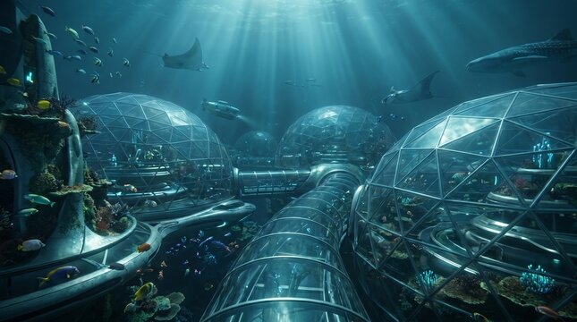 Futuristic underwater habitat with geodesic glass domes and marine life in the deep blue ocean.