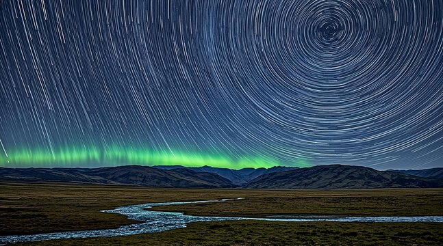 Stunning Star Trails Above a Glowing Aurora Borealis Over a Winding River Landscape