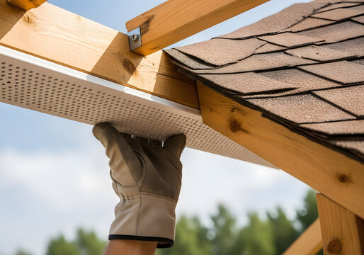 Professional Installation of Perforated Vinyl Soffit Panel on Roof Eave | Contractor Installing White Aluminum Roof Vents and Soffits | Roofing Construction Worker Upgrading Home Attic Ventilation 