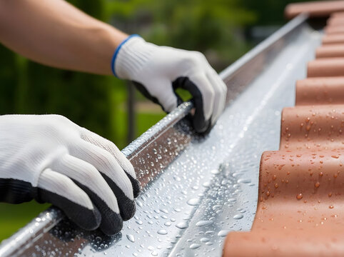 Installing Aluminum Rain Gutter Guards on Residential Tile Roof | Professional Roof Gutter Installation and Maintenance Services | Contractor Fitting Seamless Rain Gutter System on Clay Tile Roof 