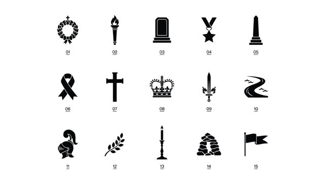 Remembrance day memorial icons numbered set with graveyard headstone wreath and monument.