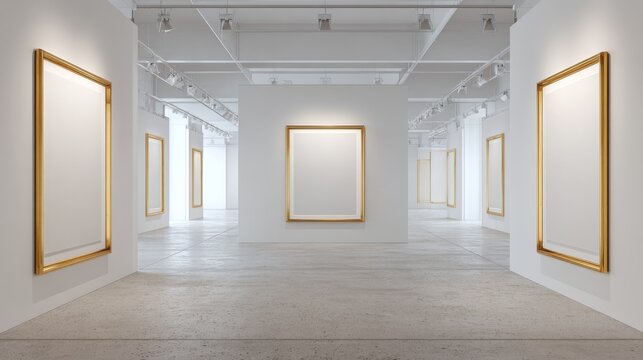Empty art gallery interior with minimalist gold frames. Modern exhibition space with blank canvases. Stylish interior design mockup for empty frames