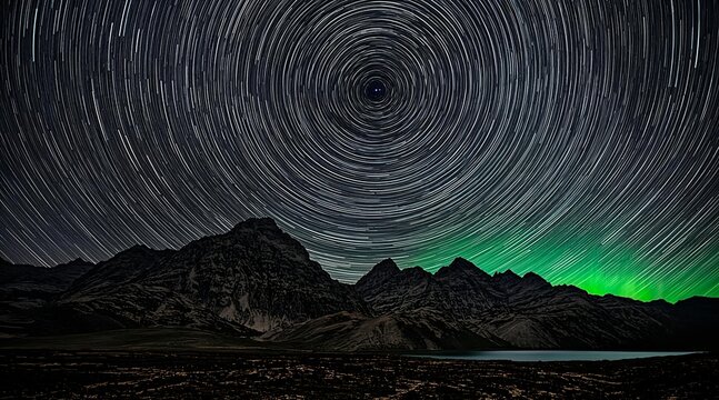 Stunning Star Trails Orbiting Above Jagged Mountain Peaks With Ethereal Green Aurora Borealis Over A Quiet Alpine Lake