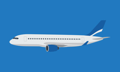 Naklejka premium Commercial passenger airplane flying in the blue sky, side view flat vector illustration design.