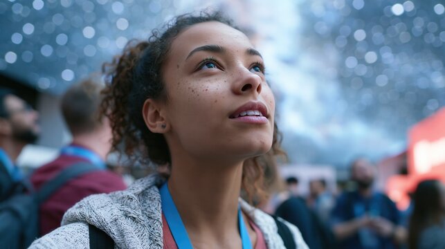 Young mixed race woman looking up with awe at illuminated ceiling installation in crowd