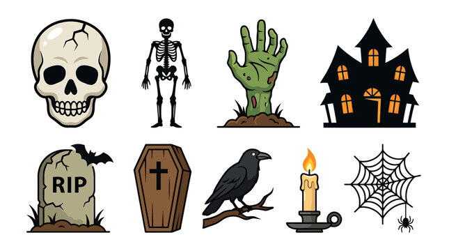 Set of Spooky Halloween Vector Icons Including Skull Skeleton Zombie Hand Haunted House and Coffin