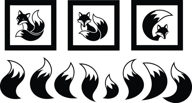 Fox and bushy tail icons set