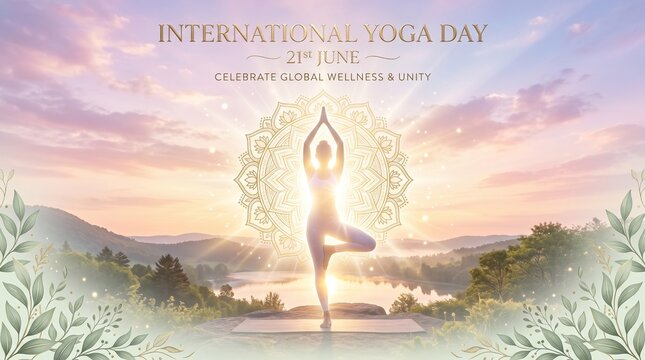 International yoga day poster with woman in meditation pose sitting against mandal sunset background