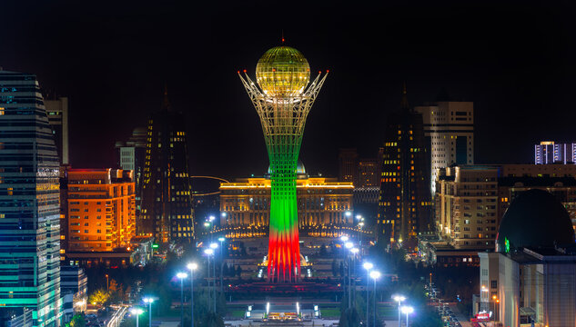 View of the central part of the capital of Kazakhstan, Astana, on a picturesque night with the symbolic tower of Baiterek