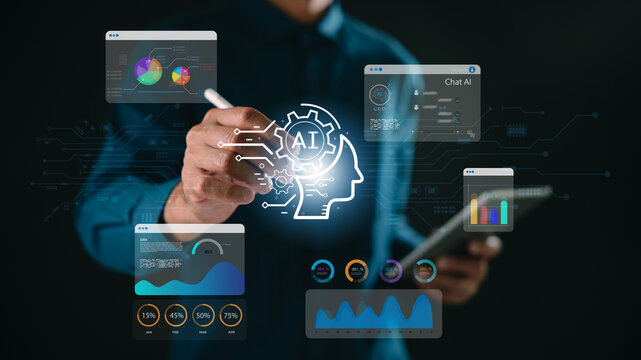 AI Chatbot system uses smart artificial intelligence technology interface, while expert with digital stylus processes data visualization using robot assistant command prompt for analysis