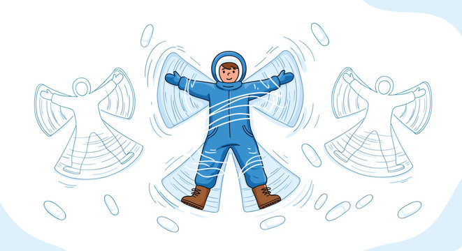 Joyful child in a blue snowsuit lying on a snowy field making a snow angel during winter vacation activities and outdoor fun.
