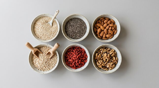 Top view assortment of healthy superfoods and spices in white bowls on light background