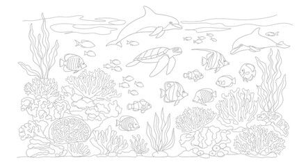 Fototapeta premium Underwater Ocean Scene with Dolphins, Turtle, Fish, and Coral Reef - Line Art