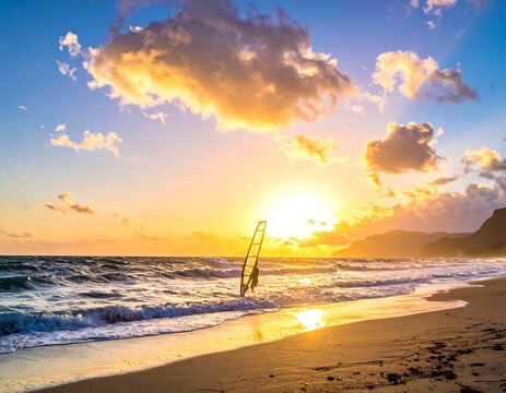 Golden Ocean Waves Rolling Past Windsurf Sail at Sandy Beach Sunset