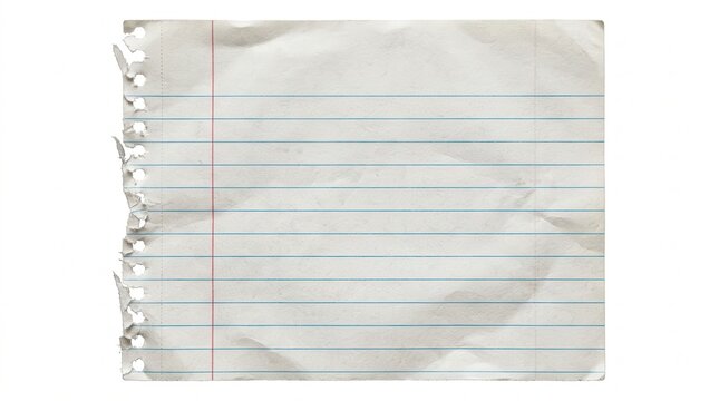 Crumpled piece of torn lined notebook paper on a white surface with crumpled notebook wrinkled background stationery fragment schooling documentation paperwork